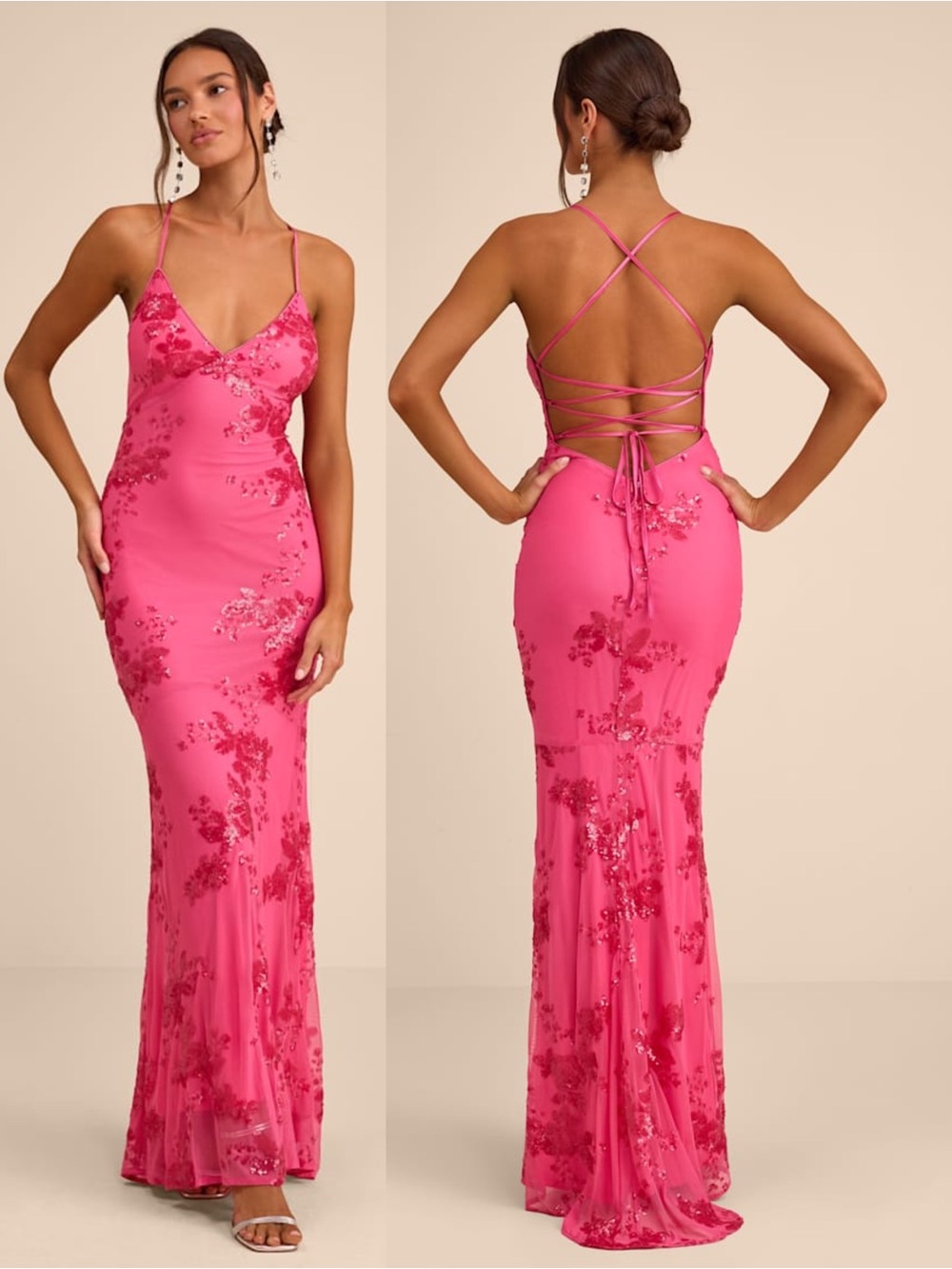 LULUS Sequin Floral Mesh Lace Up Back Mermaid Skirt Y2K Fairycore Formal Gown L